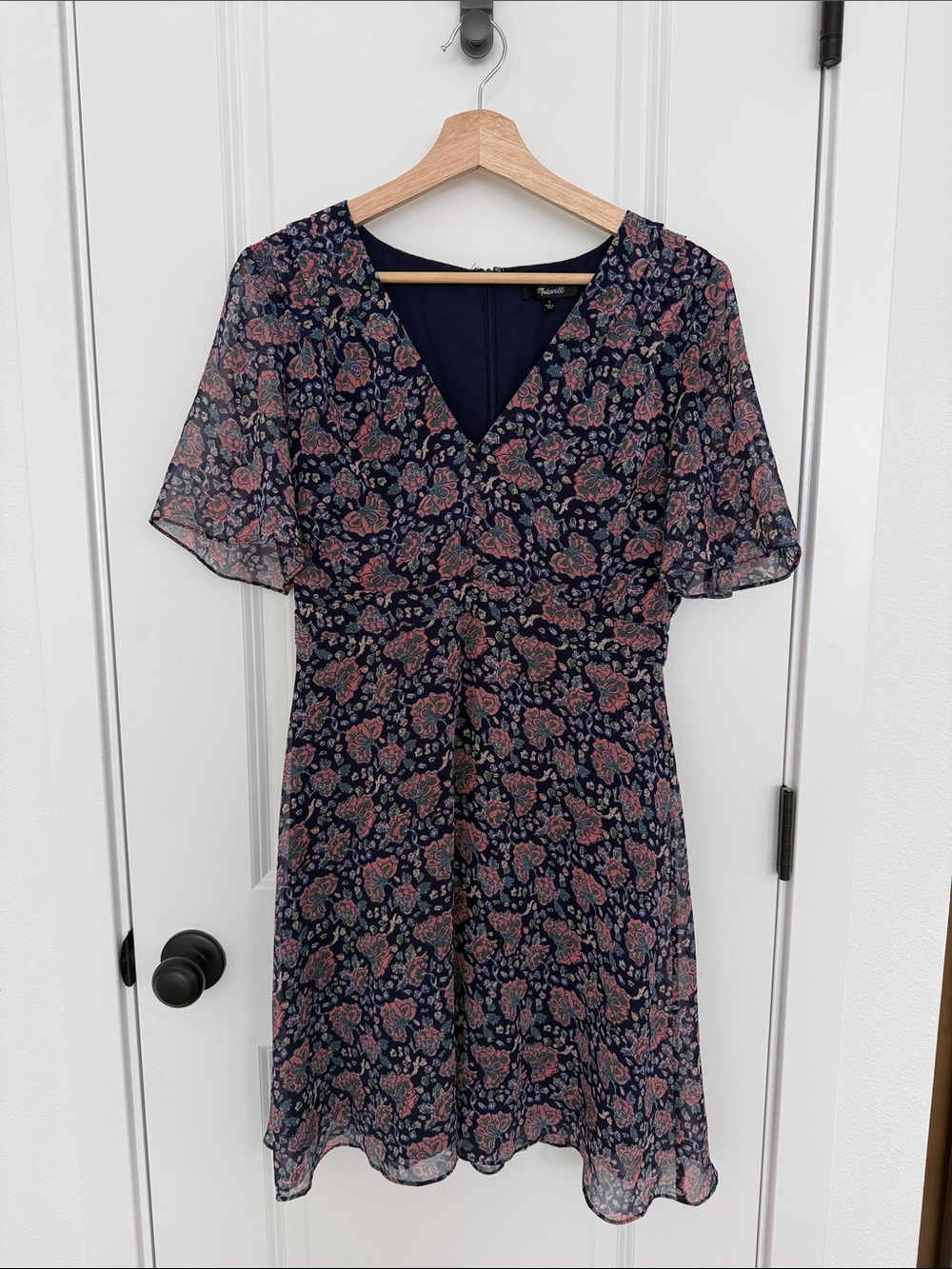 Madewell Navy Floral V-Neck Midi Dress with Pink Blossoms